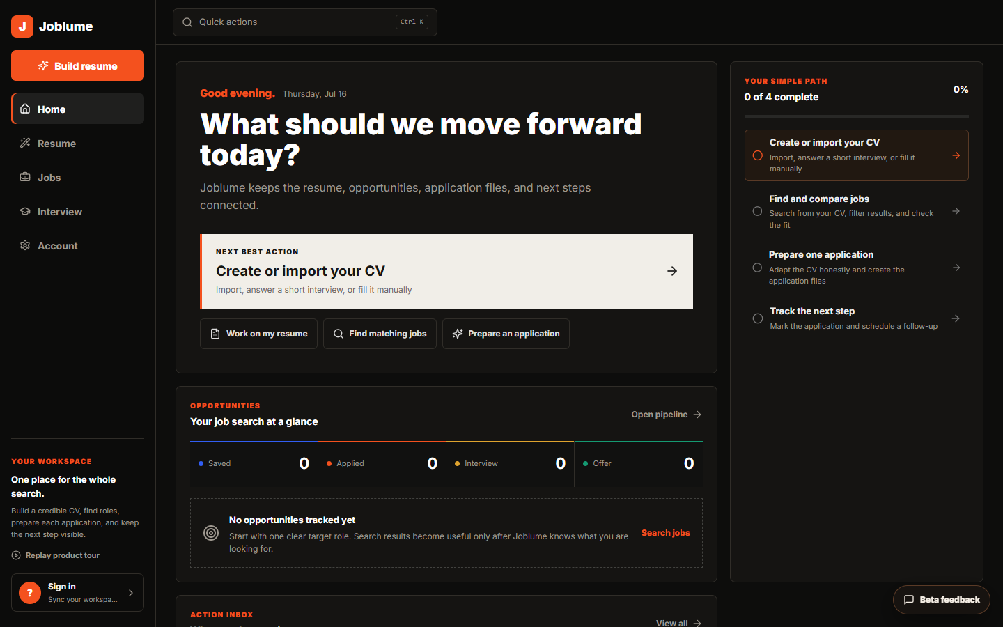 Joblume job-search workspace preview